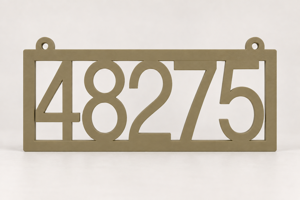 HSframe-ob Olive Brown framed house and hanging mailbox number sign, sample 48275, front product view