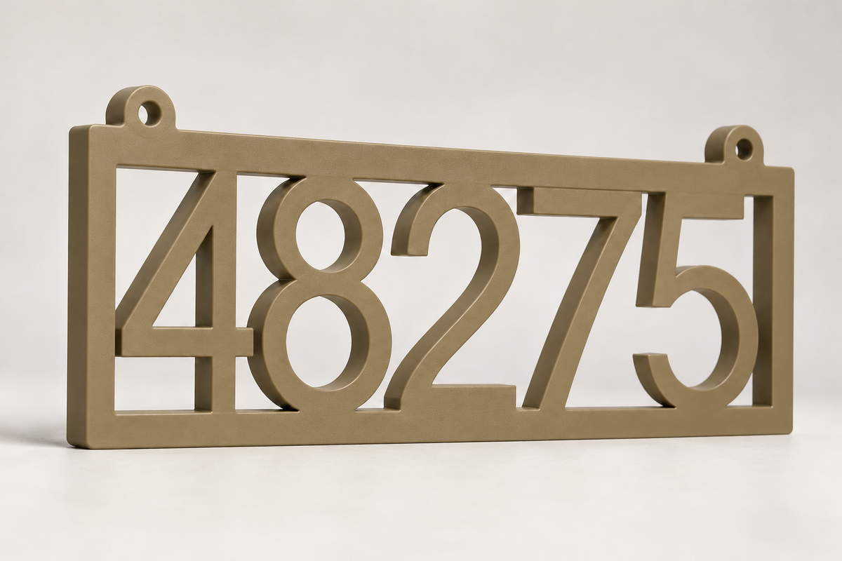 HSframe-ob Olive Brown framed house and hanging mailbox number sign, sample 48275, angled product view
