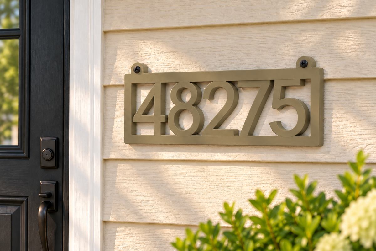 HSframe-ob Olive Brown framed house and hanging mailbox number sign, sample 48275, house mounted view