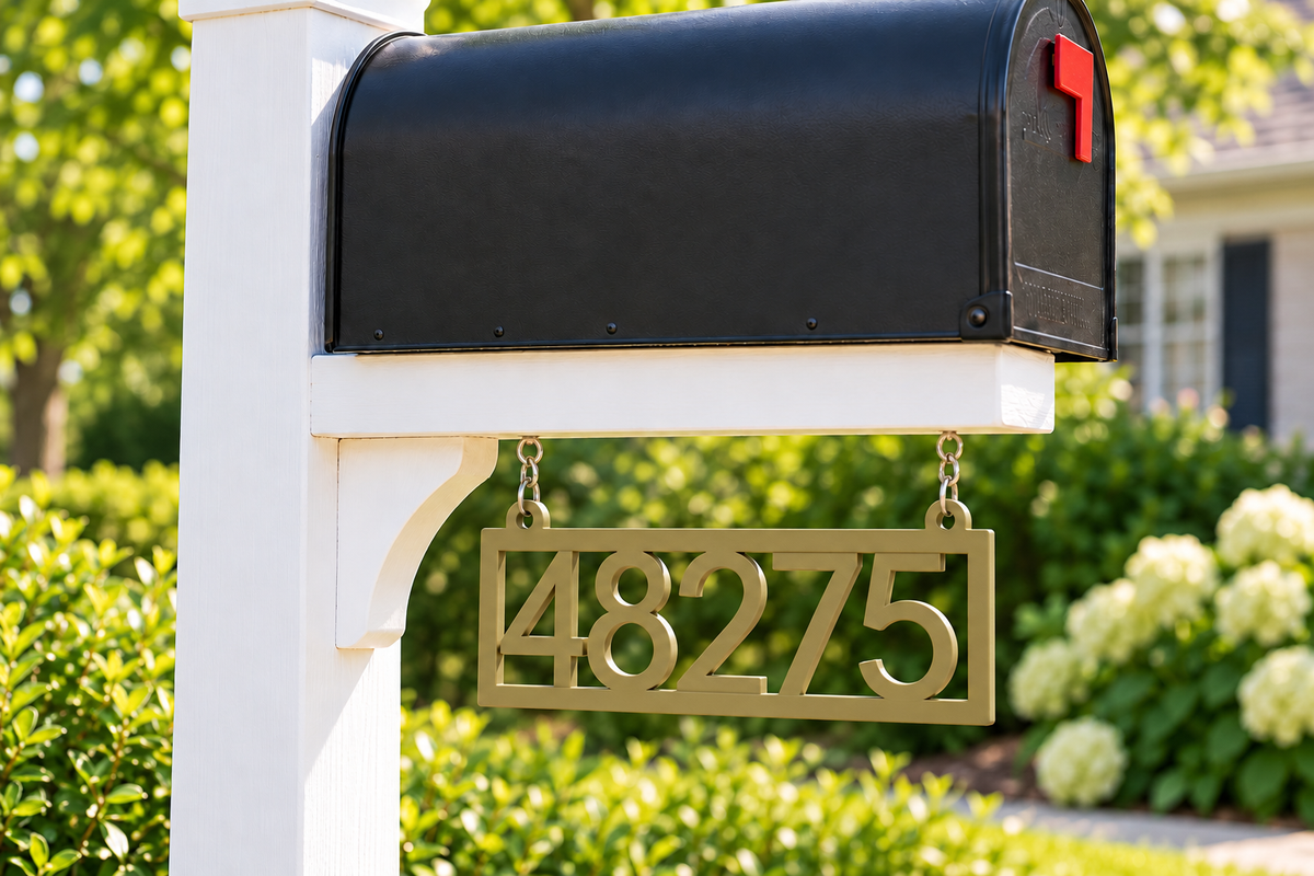 HSframe-ob Olive Brown framed house and hanging mailbox number sign, sample 48275, mailbox close view