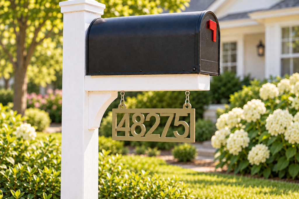 HSframe-ob Olive Brown framed house and hanging mailbox number sign, sample 48275, mailbox garden view