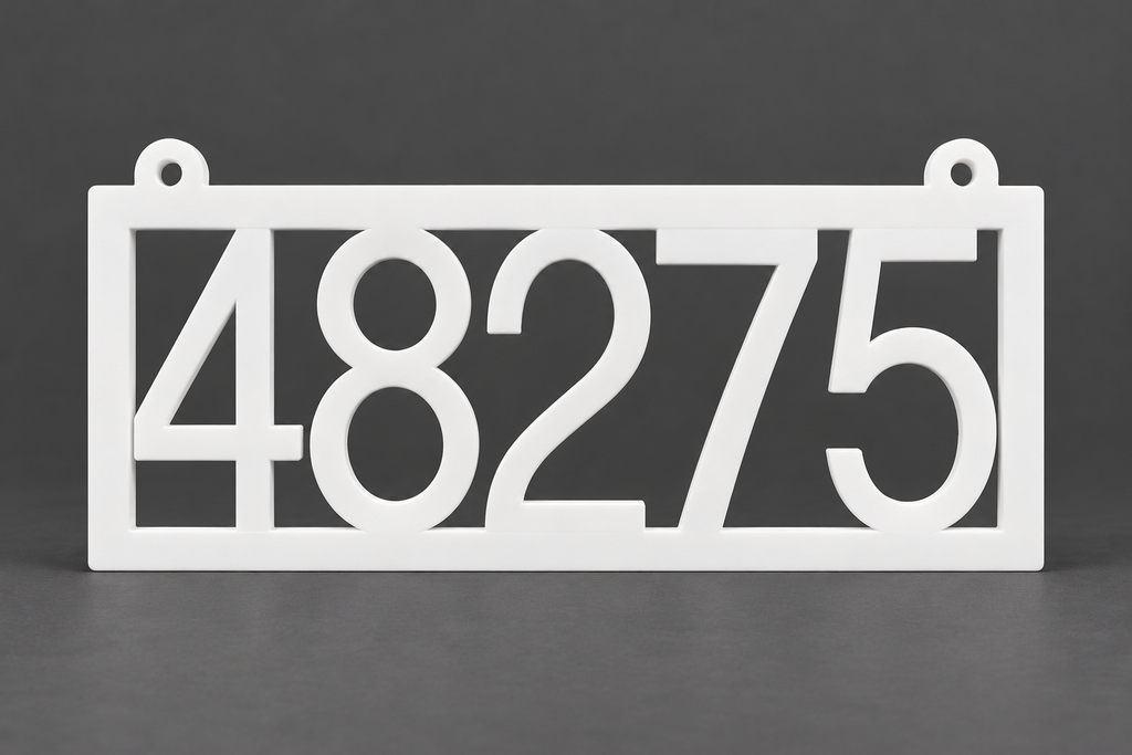 HSframe-w White framed house and hanging mailbox number sign, sample 48275, front product view