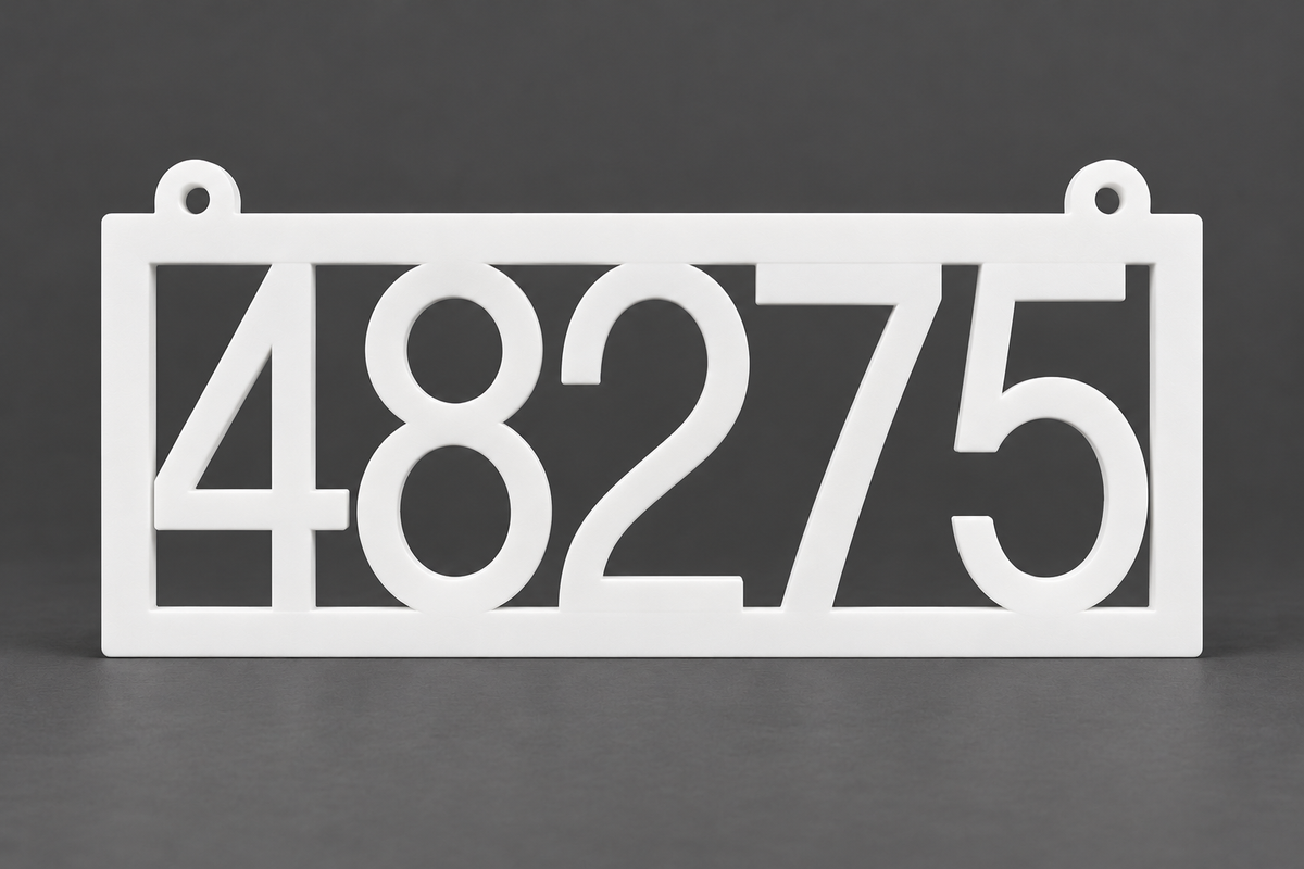 HSframe-w White framed house and hanging mailbox number sign, sample 48275, front product view