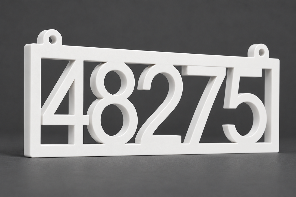 HSframe-w White framed house and hanging mailbox number sign, sample 48275, angled product view