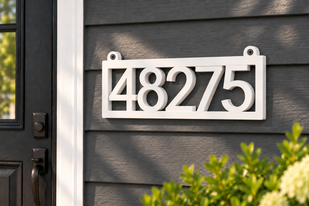 HSframe-w White framed house and hanging mailbox number sign, sample 48275, house mounted view