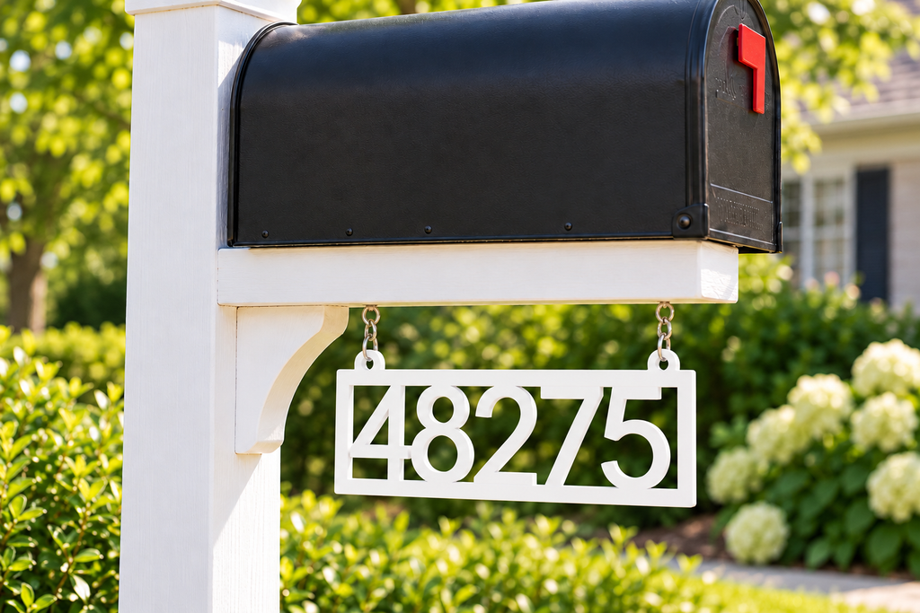 HSframe-w White framed house and hanging mailbox number sign, sample 48275, mailbox close view