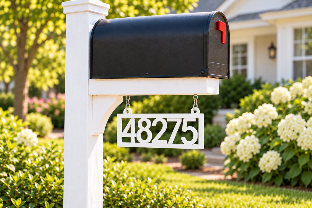 HSframe-w White framed house and hanging mailbox number sign, sample 48275, mailbox garden view