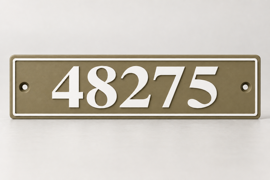 HShorizontal-brw personalized horizontal house and mailbox number sign in brown / white, sample number 48275, front product view