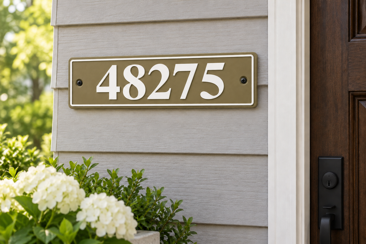 HShorizontal-brw personalized horizontal house and mailbox number sign in brown / white, sample number 48275, house mounted view