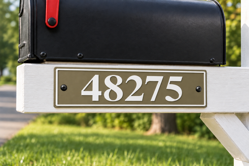 HShorizontal-brw personalized horizontal house and mailbox number sign in brown / white, sample number 48275, mailbox support view