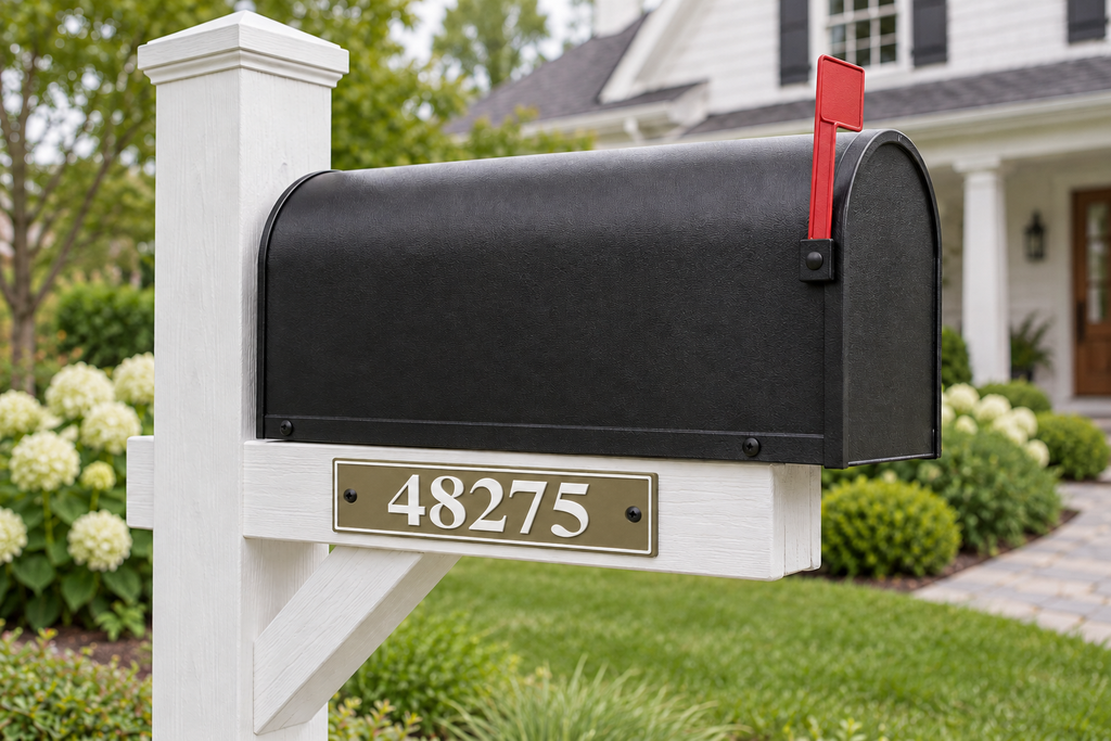 HShorizontal-brw personalized horizontal house and mailbox number sign in brown / white, sample number 48275, mailbox landscape view