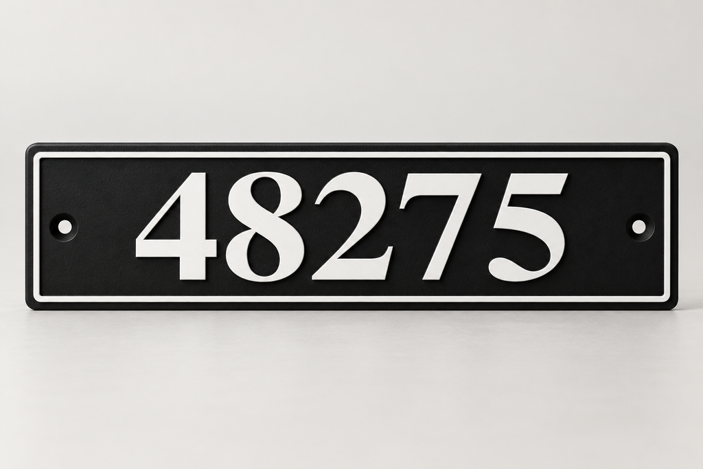 HShorizontal-bw personalized horizontal house and mailbox number sign in black / white, sample number 48275, front product view