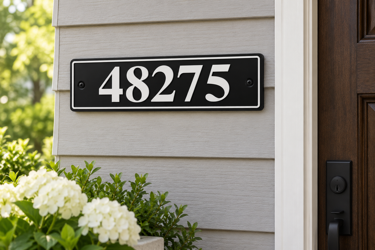 HShorizontal-bw personalized horizontal house and mailbox number sign in black / white, sample number 48275, house mounted view