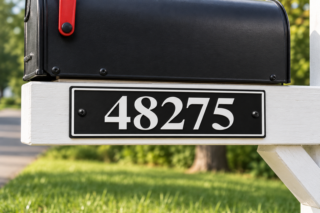 HShorizontal-bw personalized horizontal house and mailbox number sign in black / white, sample number 48275, mailbox support view