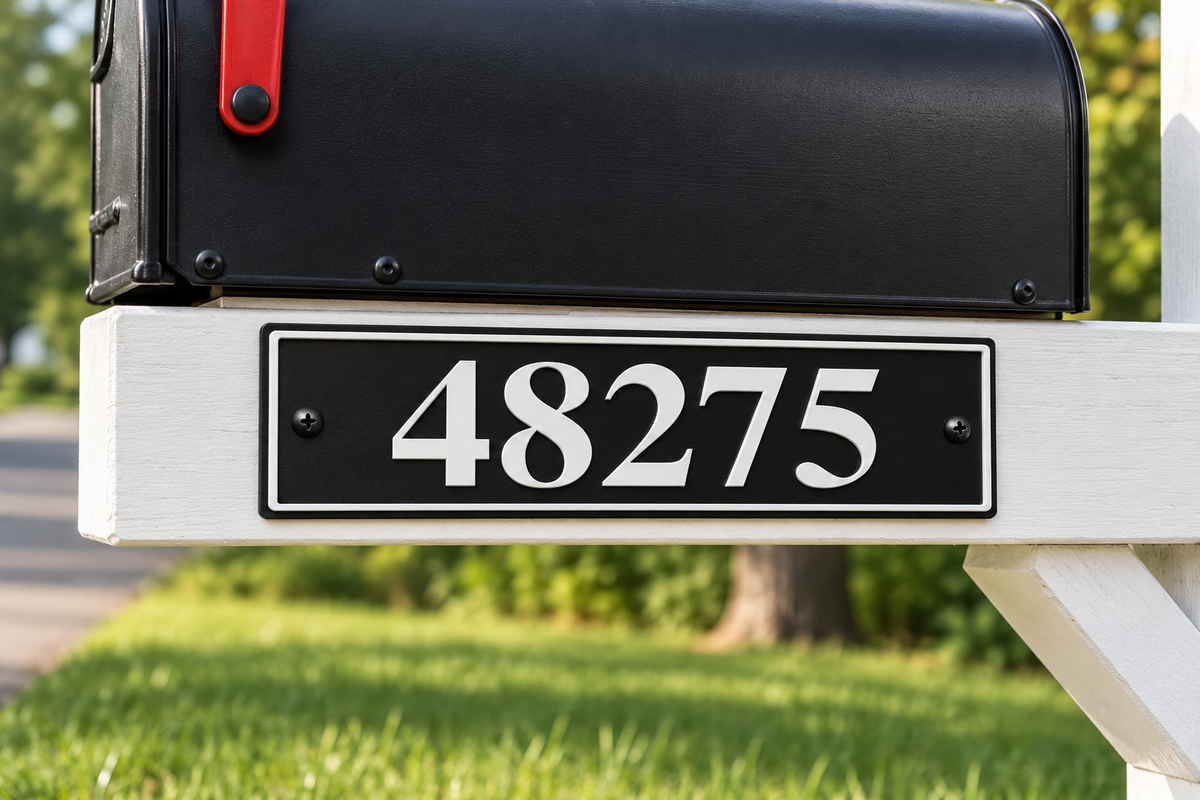 HShorizontal-bw personalized horizontal house and mailbox number sign in black / white, sample number 48275, mailbox support view