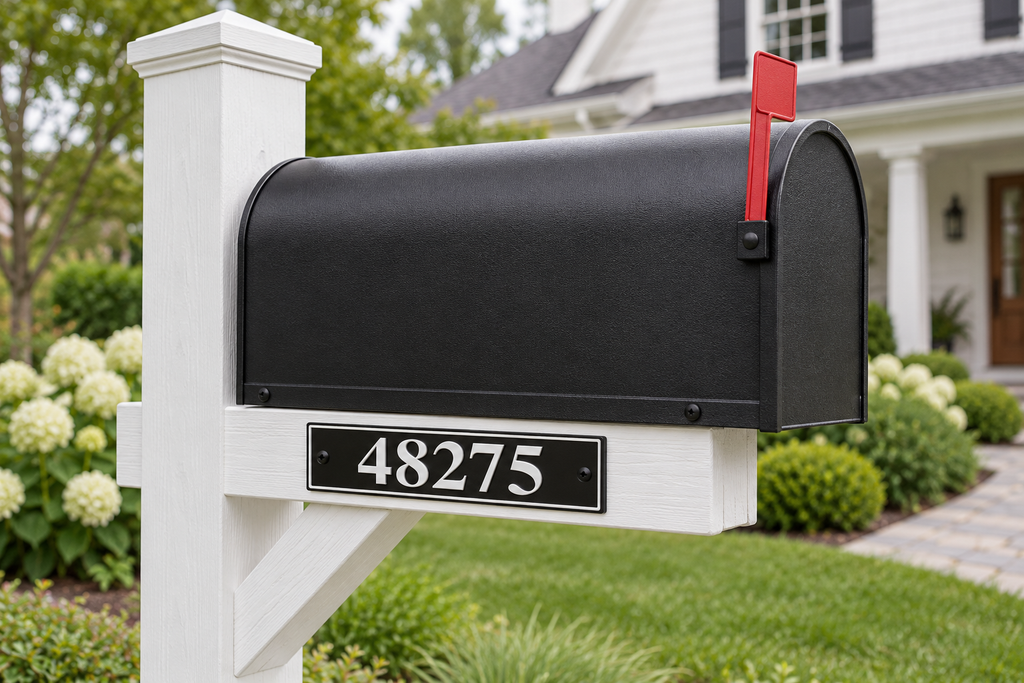 HShorizontal-bw personalized horizontal house and mailbox number sign in black / white, sample number 48275, mailbox landscape view