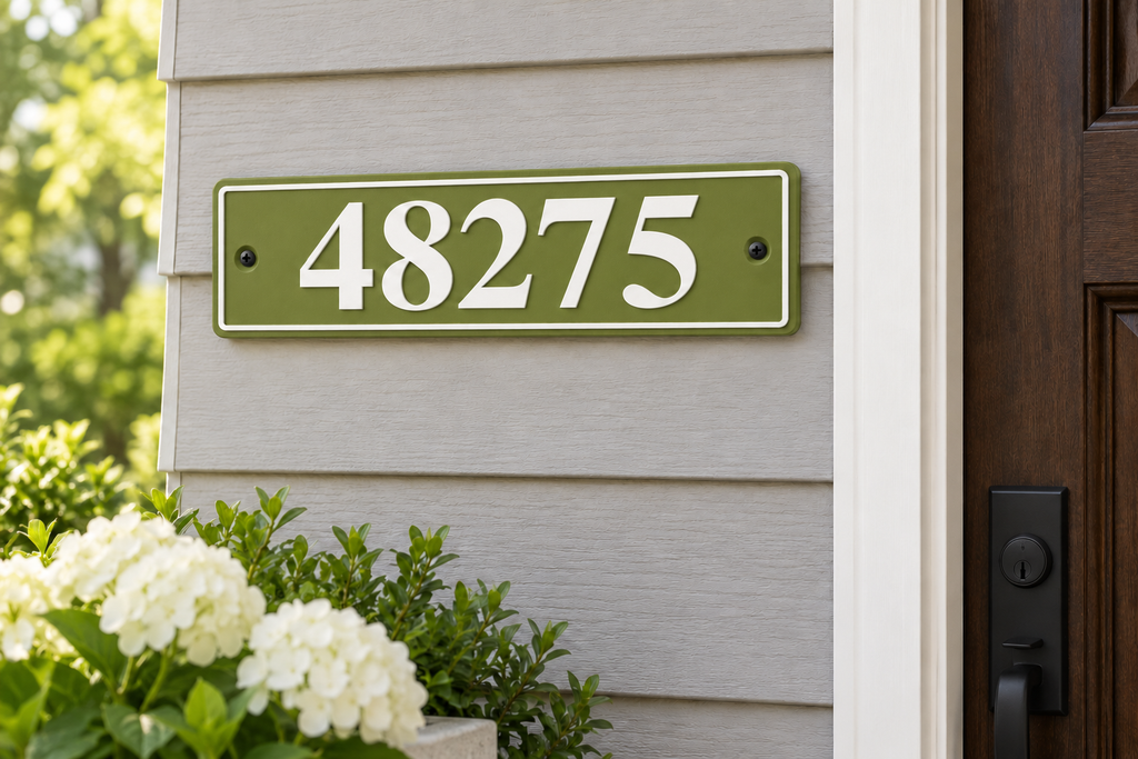 HShorizontal-gw personalized horizontal house and mailbox number sign in green / white, sample number 48275, house mounted view