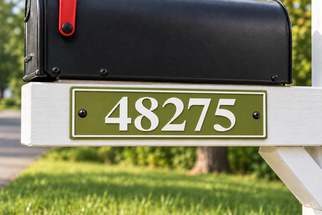 HShorizontal-gw personalized horizontal house and mailbox number sign in green / white, sample number 48275, mailbox support view