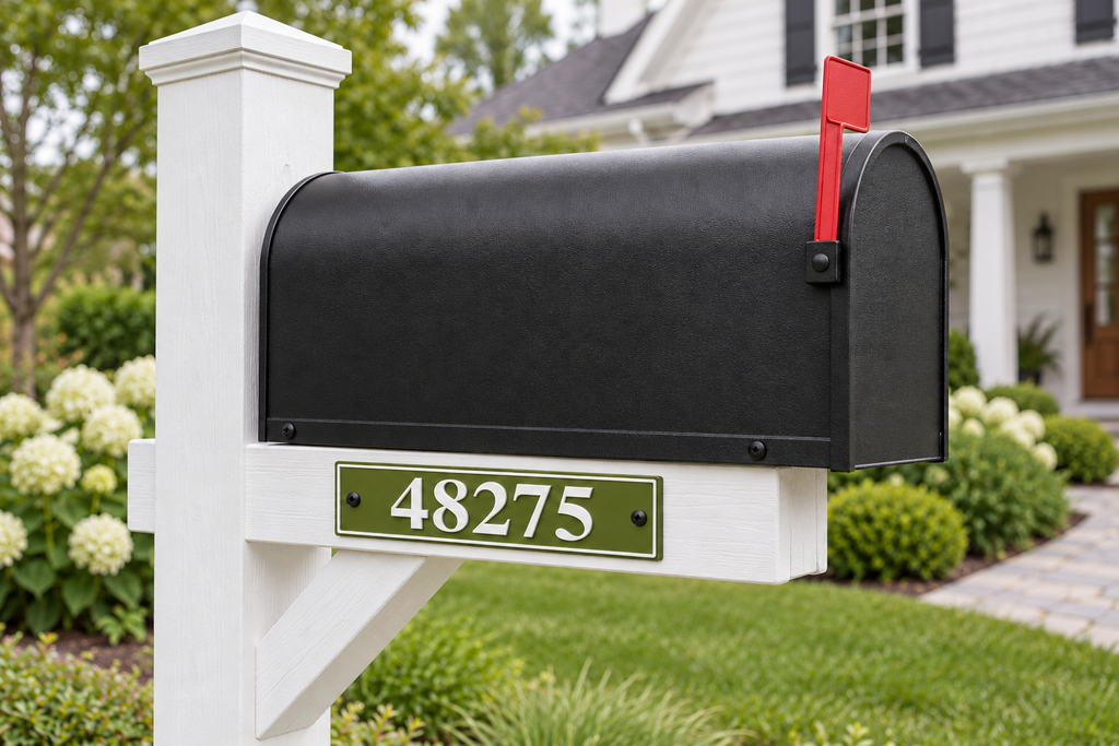 HShorizontal-gw personalized horizontal house and mailbox number sign in green / white, sample number 48275, mailbox landscape view