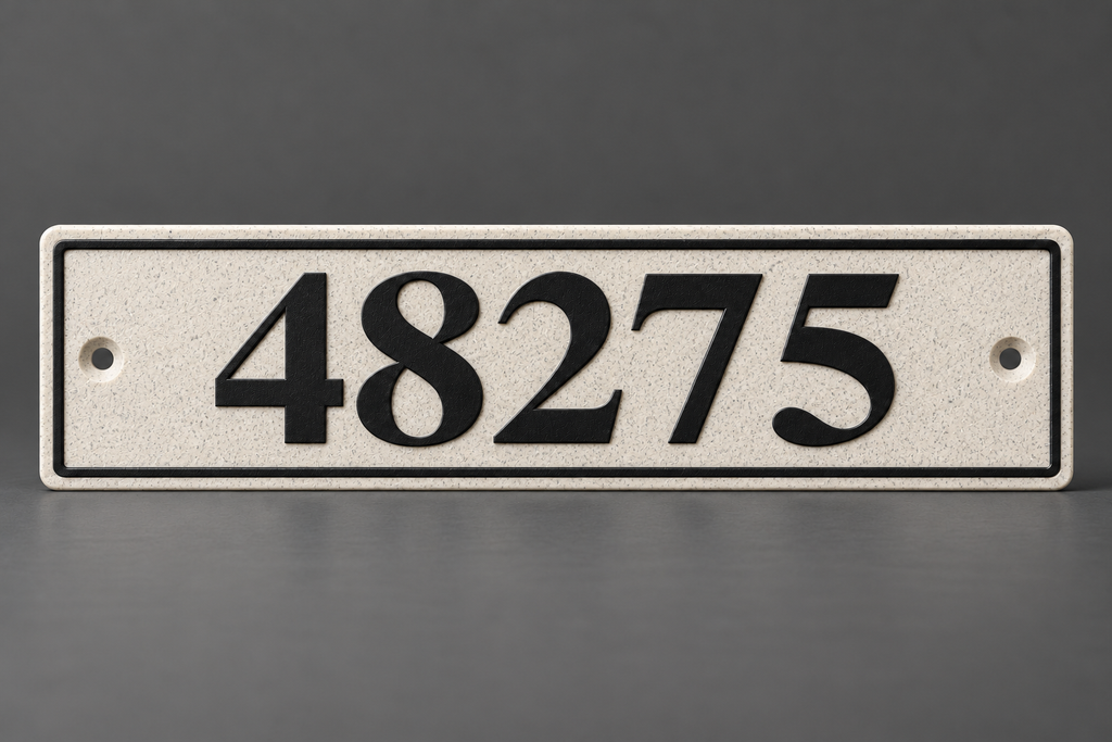 HShorizontal-mb personalized horizontal house and mailbox number sign in marble / black, sample number 48275, front product view