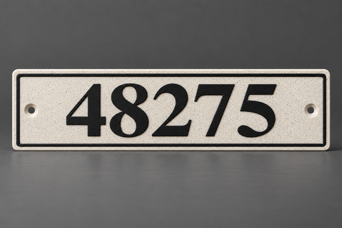 HShorizontal-mb personalized horizontal house and mailbox number sign in marble / black, sample number 48275, front product view