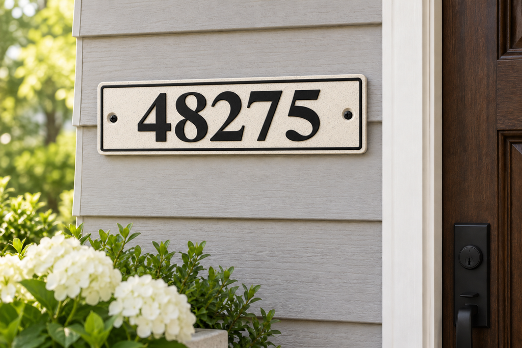 HShorizontal-mb personalized horizontal house and mailbox number sign in marble / black, sample number 48275, house mounted view