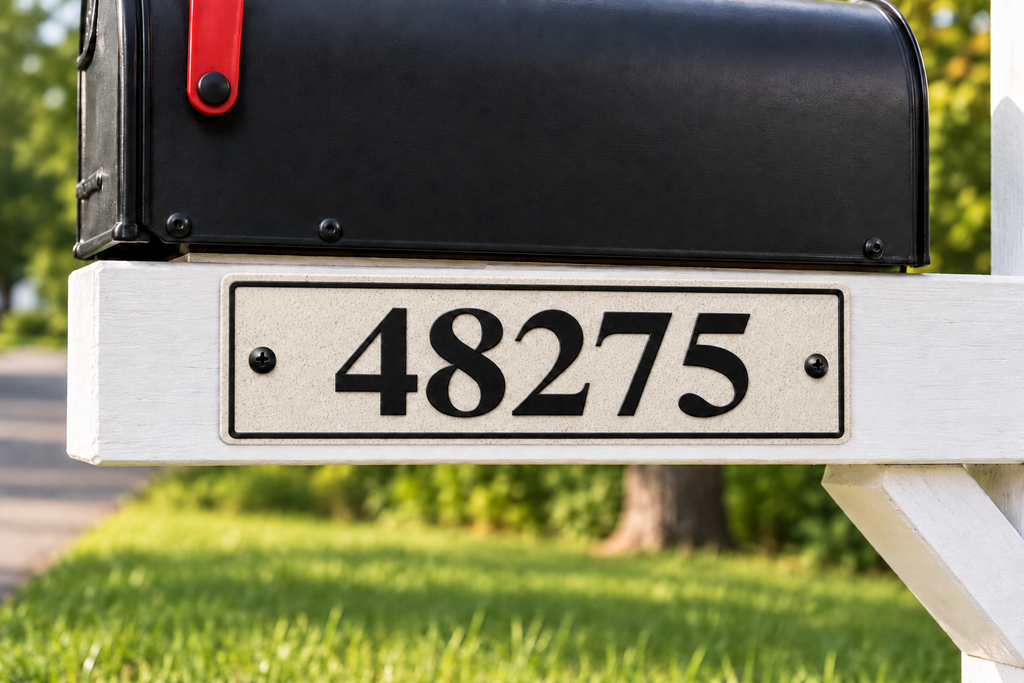 HShorizontal-mb personalized horizontal house and mailbox number sign in marble / black, sample number 48275, mailbox support view
