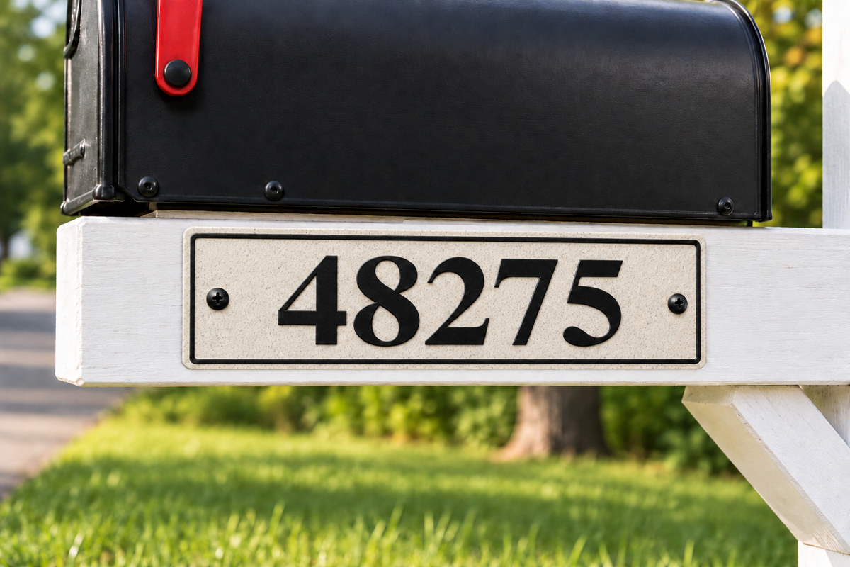HShorizontal-mb personalized horizontal house and mailbox number sign in marble / black, sample number 48275, mailbox support view