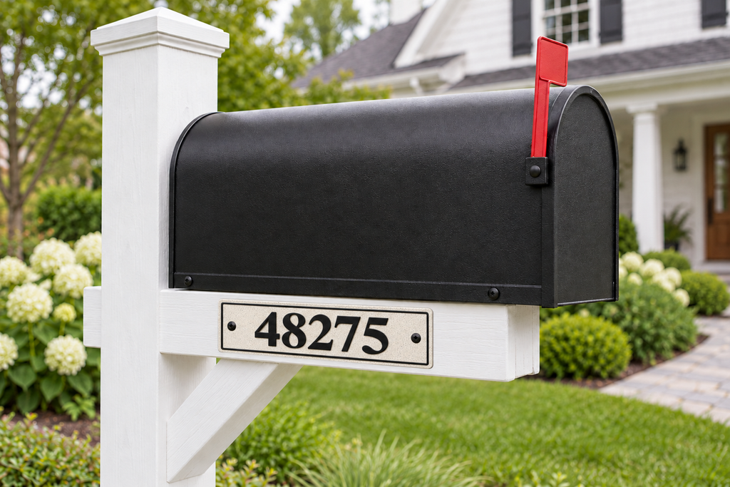 HShorizontal-mb personalized horizontal house and mailbox number sign in marble / black, sample number 48275, mailbox landscape view
