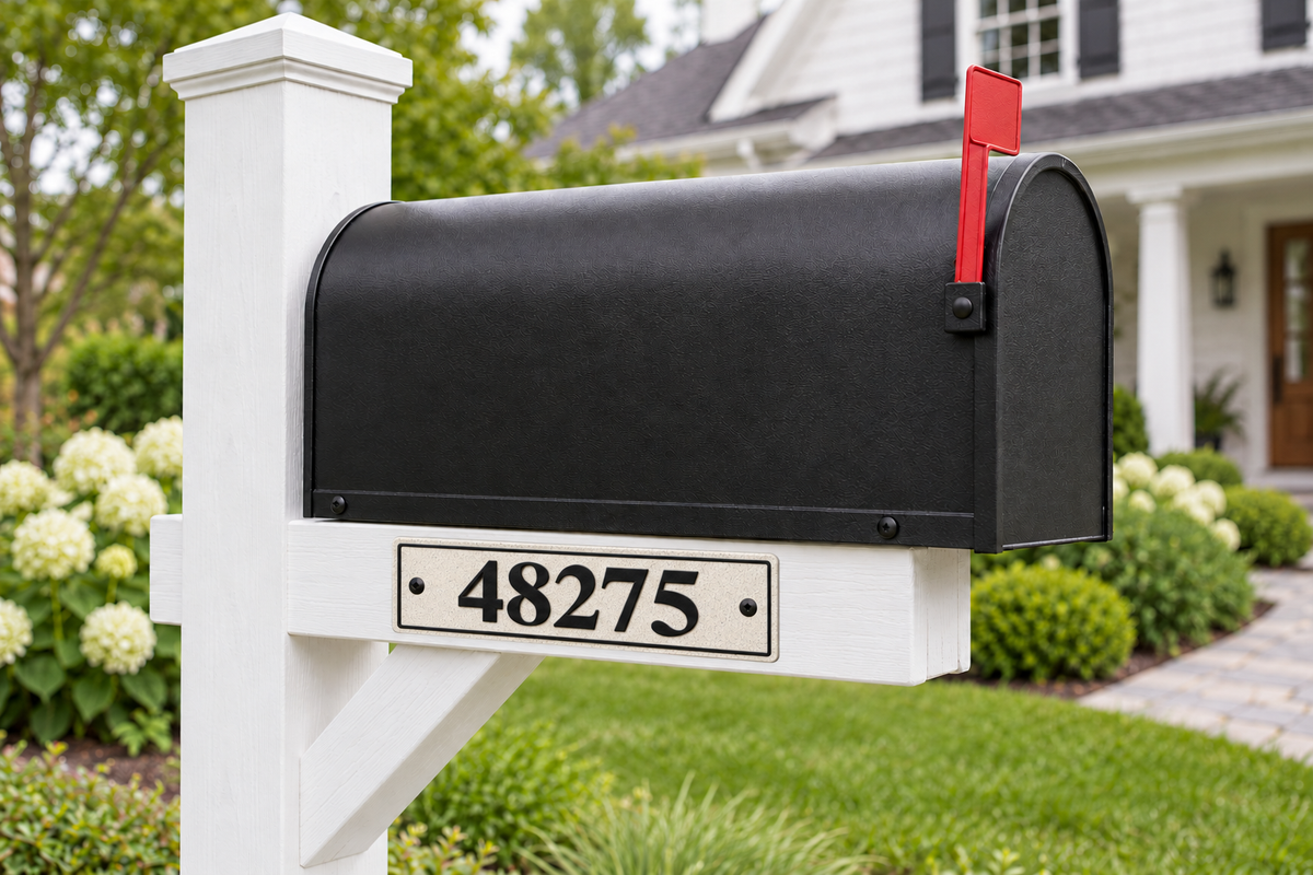 HShorizontal-mb personalized horizontal house and mailbox number sign in marble / black, sample number 48275, mailbox landscape view