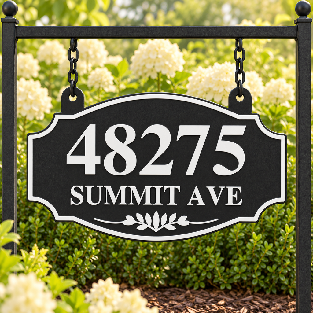 HSorhang-bw Black / White single-sided ornate hanging address sign, 48275 Summit Ave — front garden stand