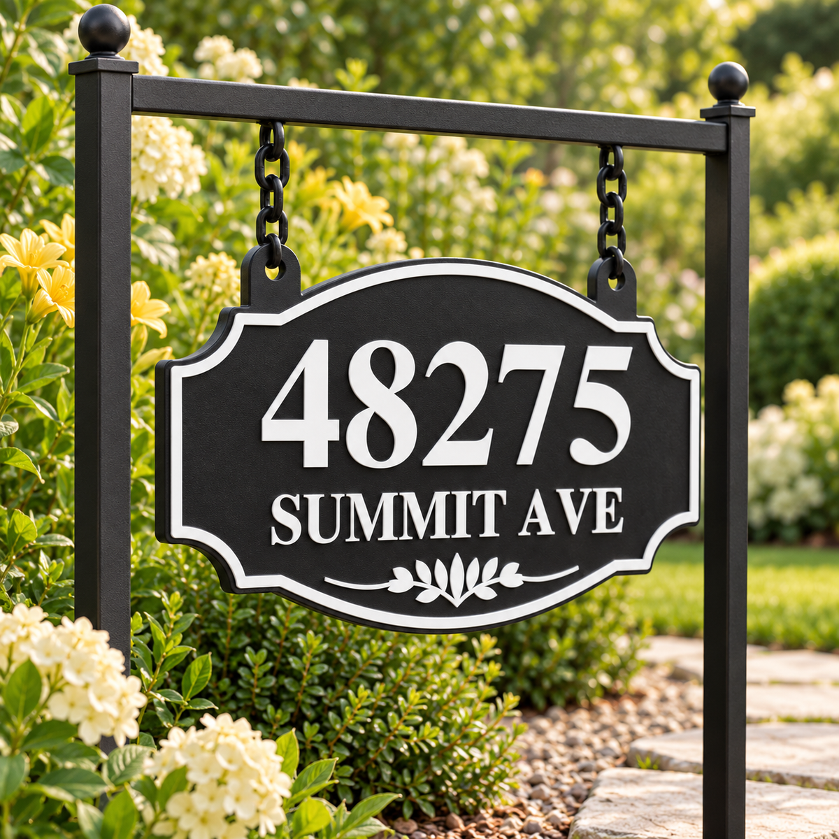 HSorhang-bw Black / White single-sided ornate hanging address sign, 48275 Summit Ave — angled garden stand