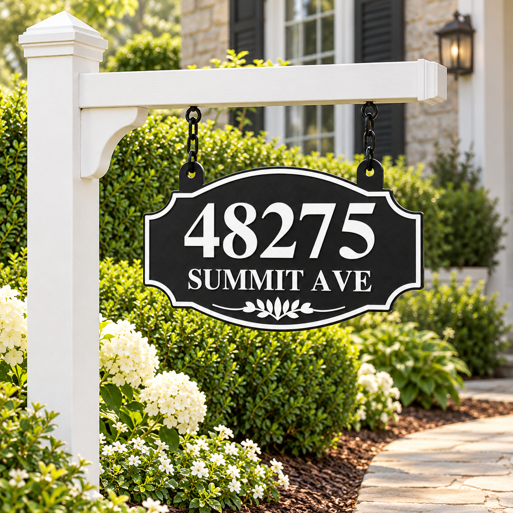 HSorhang-bw Black / White single-sided ornate hanging address sign, 48275 Summit Ave — white post installation