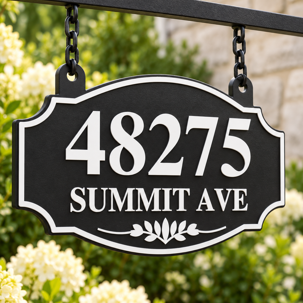 HSorhang-bw Black / White single-sided ornate hanging address sign, 48275 Summit Ave — raised detail close view