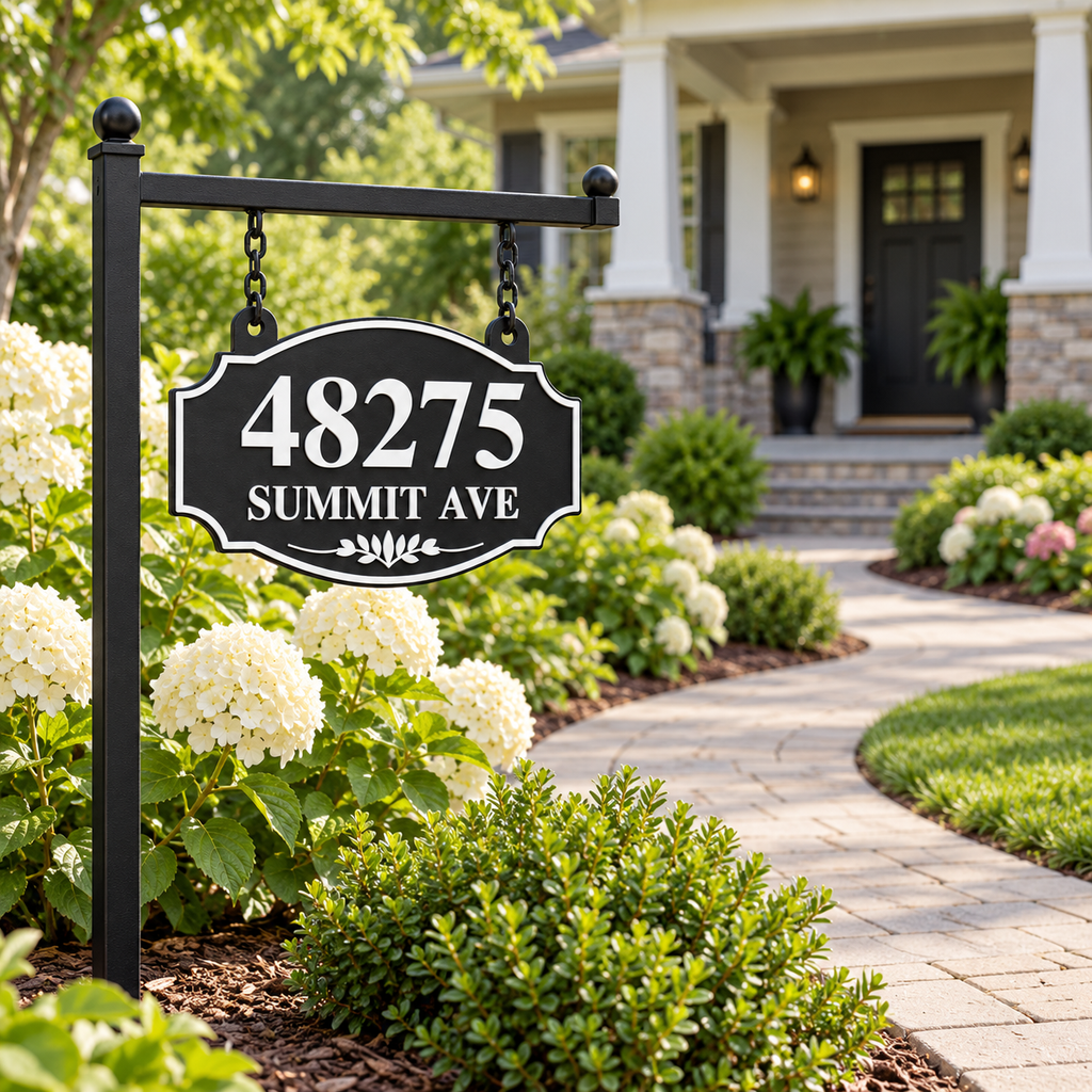 HSorhang-bw Black / White single-sided ornate hanging address sign, 48275 Summit Ave — wider yard view