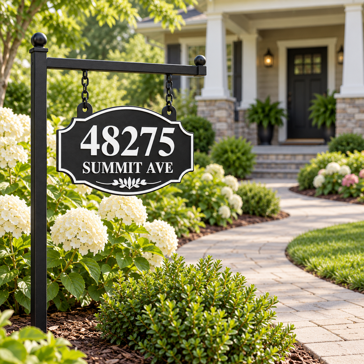 HSorhang-bw Black / White single-sided ornate hanging address sign, 48275 Summit Ave — wider yard view