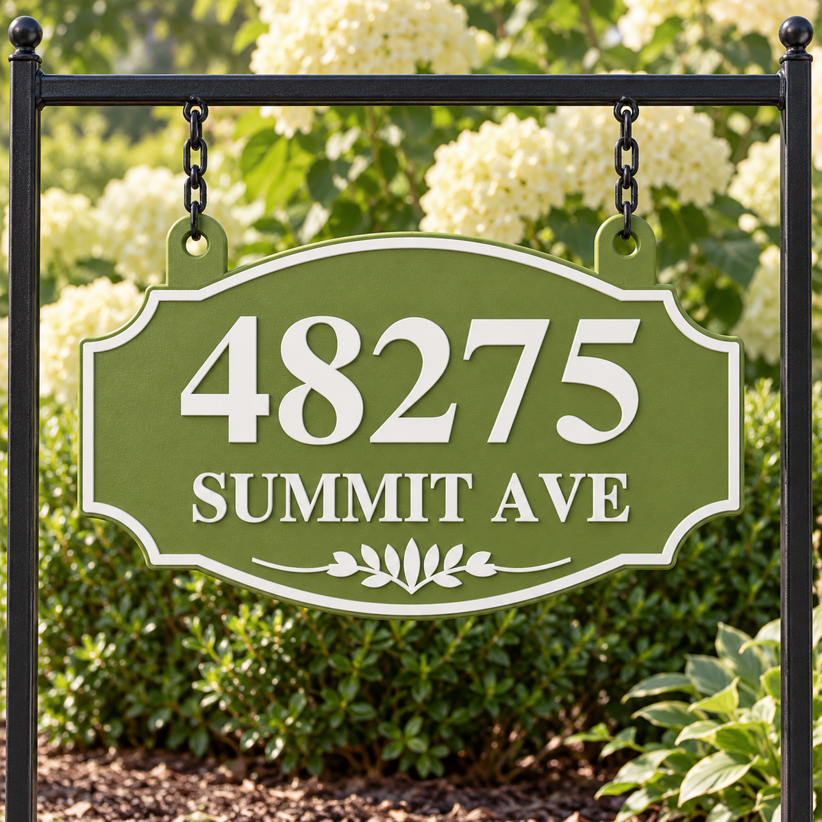 HSorhang-gw Green / White single-sided ornate hanging address sign, 48275 Summit Ave — front garden stand