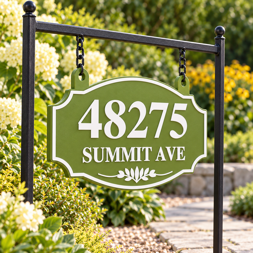 HSorhang-gw Green / White single-sided ornate hanging address sign, 48275 Summit Ave — angled garden stand