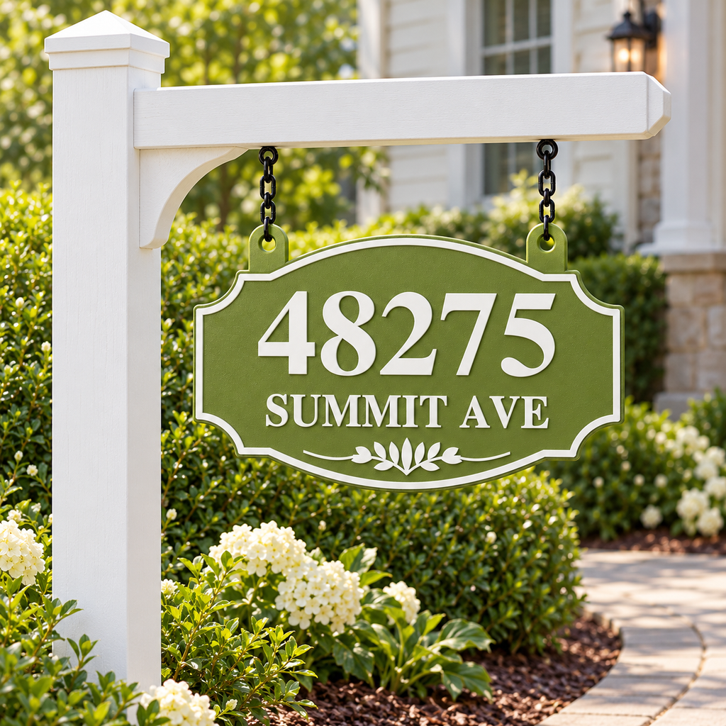 HSorhang-gw Green / White single-sided ornate hanging address sign, 48275 Summit Ave — white post installation