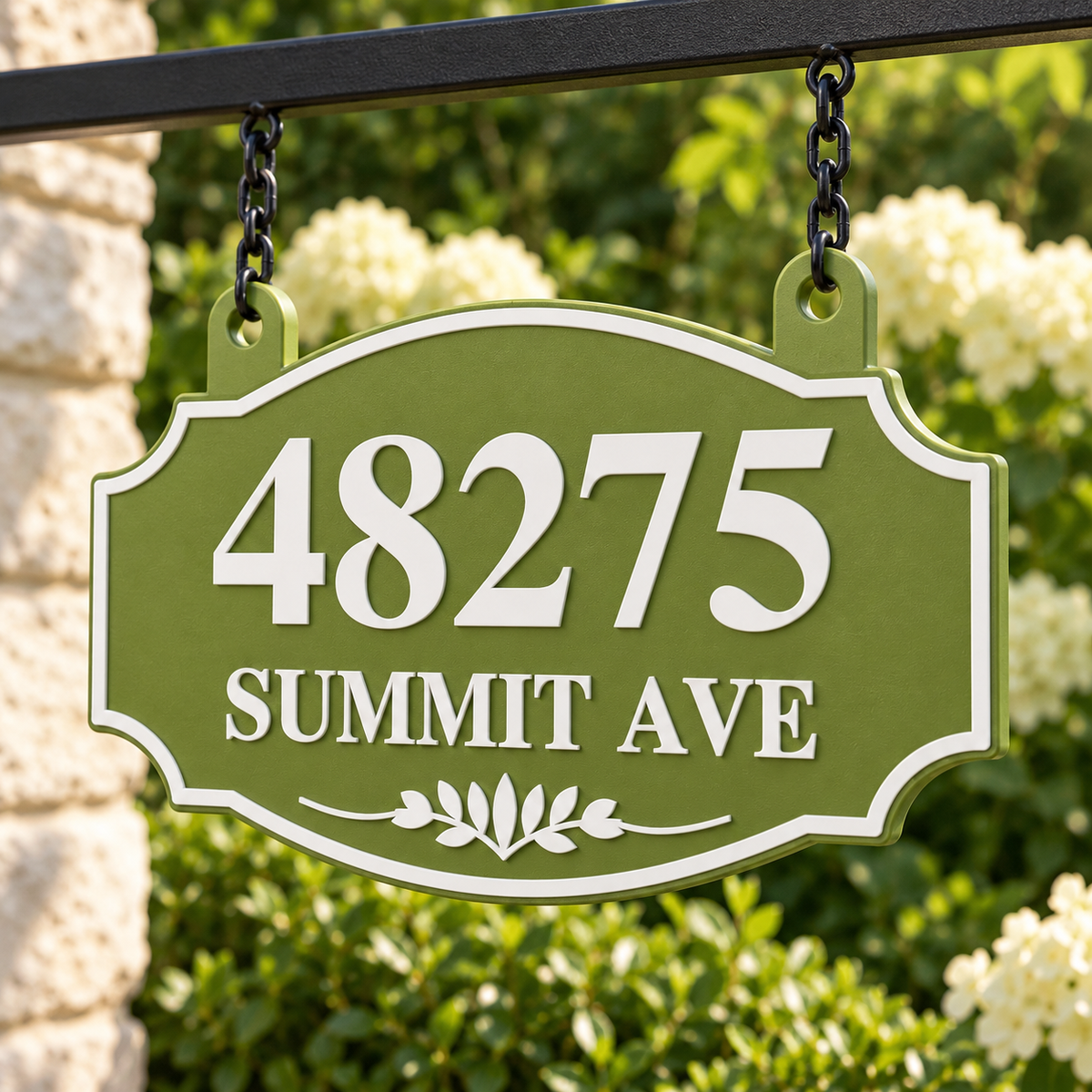 HSorhang-gw Green / White single-sided ornate hanging address sign, 48275 Summit Ave — raised detail close view