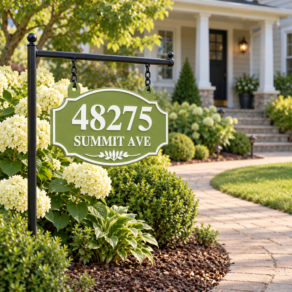 HSorhang-gw Green / White single-sided ornate hanging address sign, 48275 Summit Ave — wider yard view