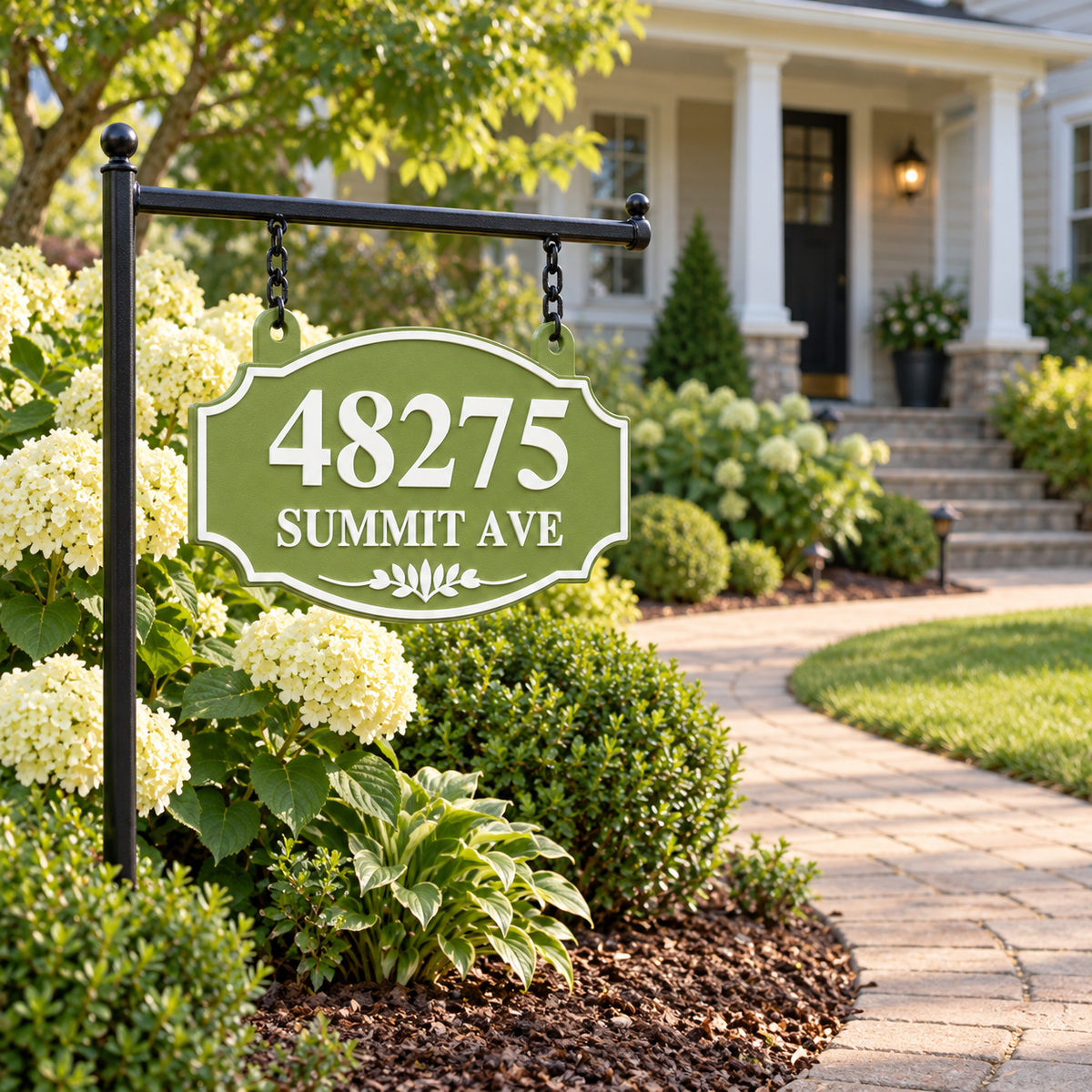 HSorhang-gw Green / White single-sided ornate hanging address sign, 48275 Summit Ave — wider yard view