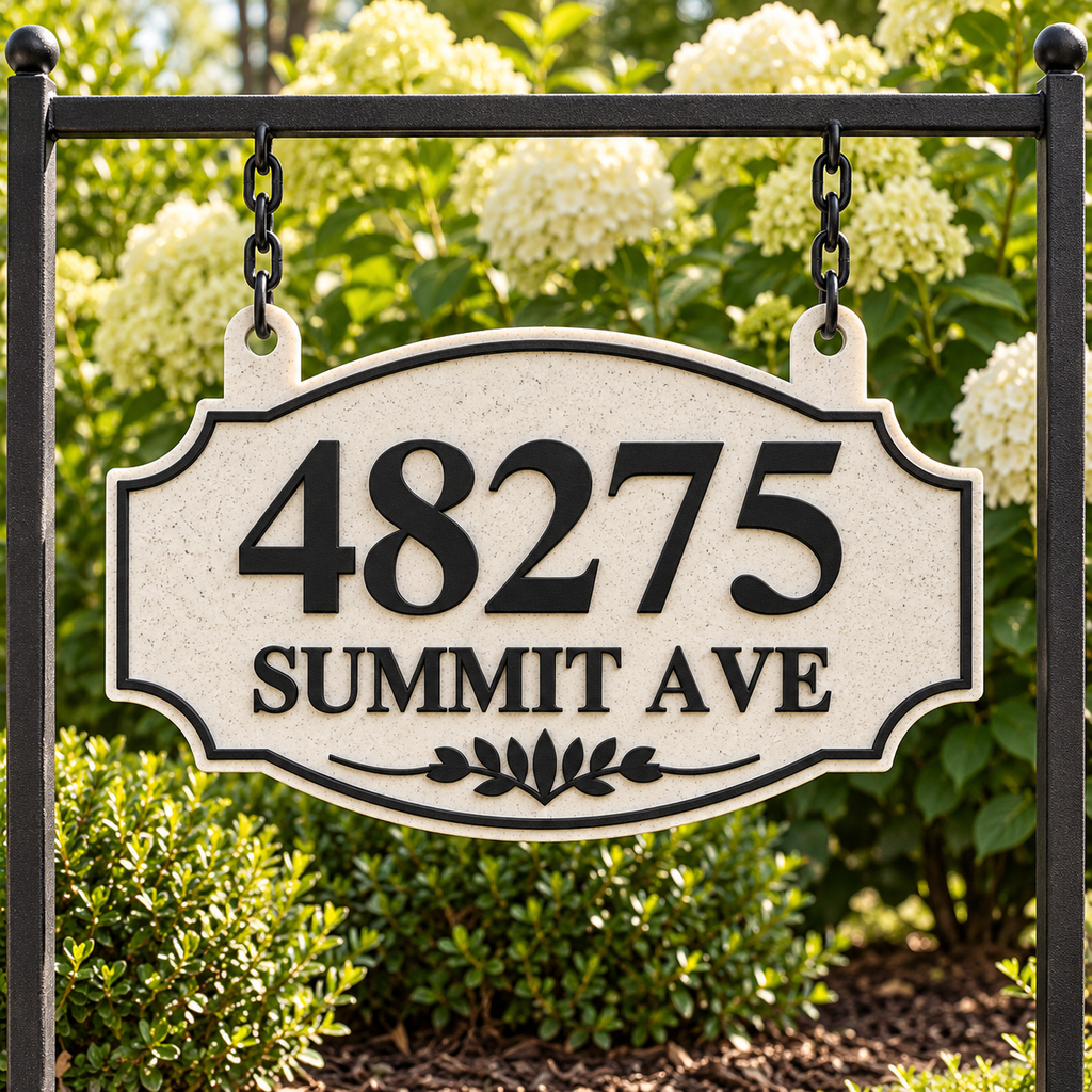 HSorhang-mb Marble / Black single-sided ornate hanging address sign, 48275 Summit Ave — front garden stand