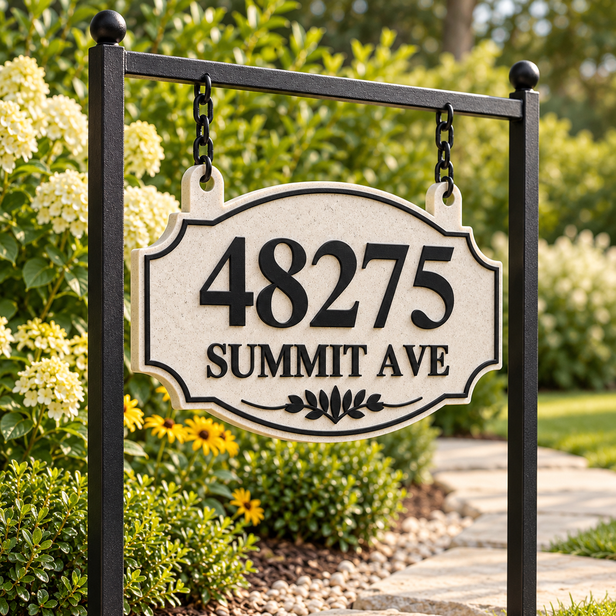 HSorhang-mb Marble / Black single-sided ornate hanging address sign, 48275 Summit Ave — angled garden stand