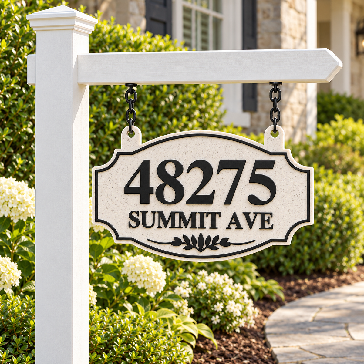 HSorhang-mb Marble / Black single-sided ornate hanging address sign, 48275 Summit Ave — white post installation