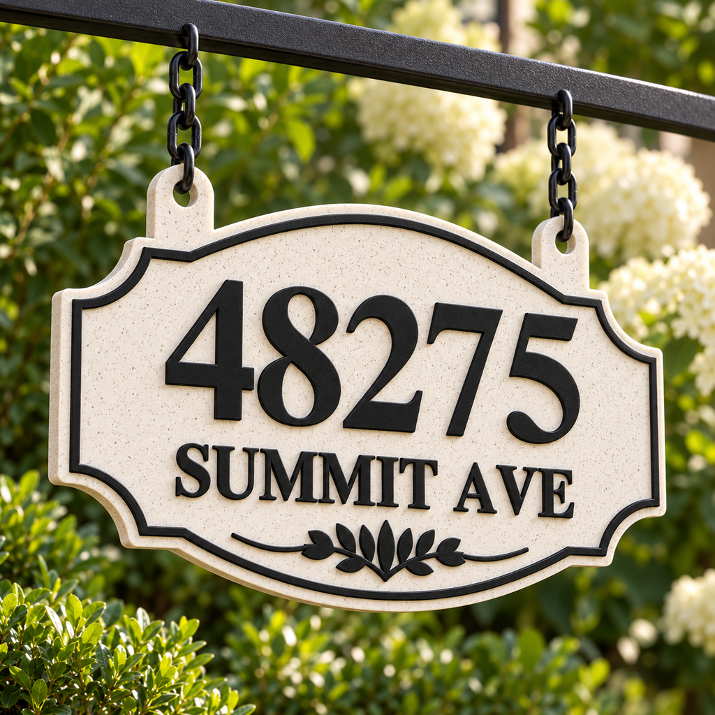 HSorhang-mb Marble / Black single-sided ornate hanging address sign, 48275 Summit Ave — raised detail close view