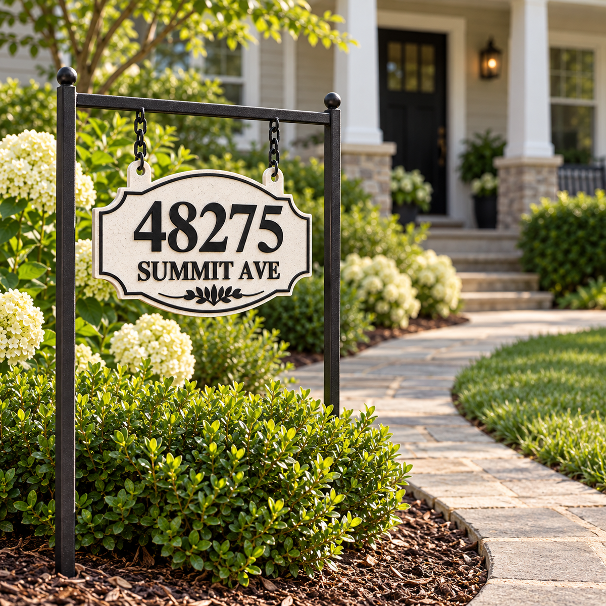 HSorhang-mb Marble / Black single-sided ornate hanging address sign, 48275 Summit Ave — wider yard view
