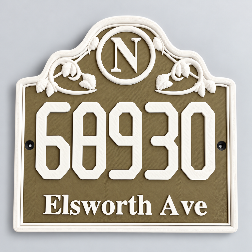 HSornate-brw ornate brown house sign with raised white lettering and scrollwork