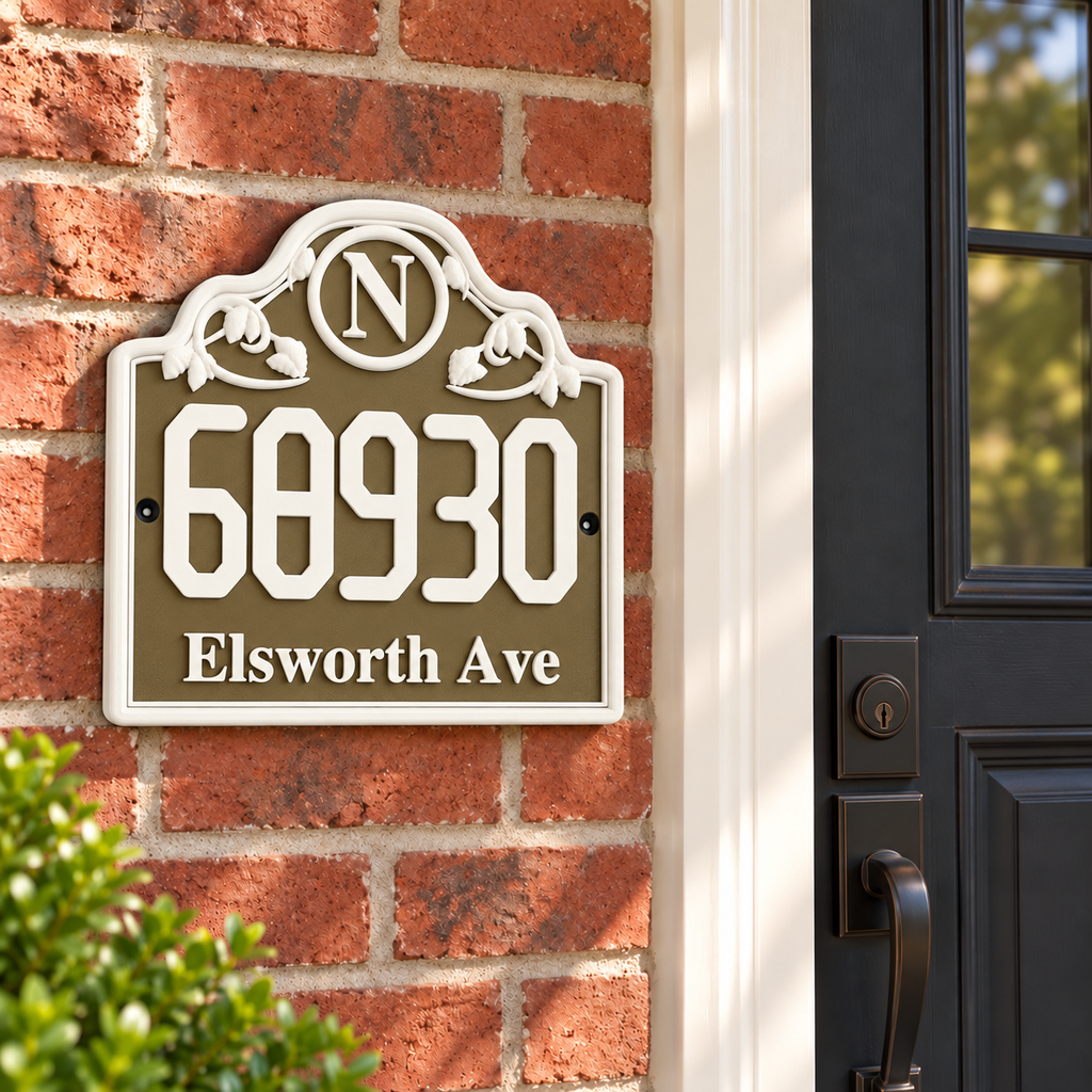 HSornate-brw brown and white personalized house sign mounted on a brick entryway