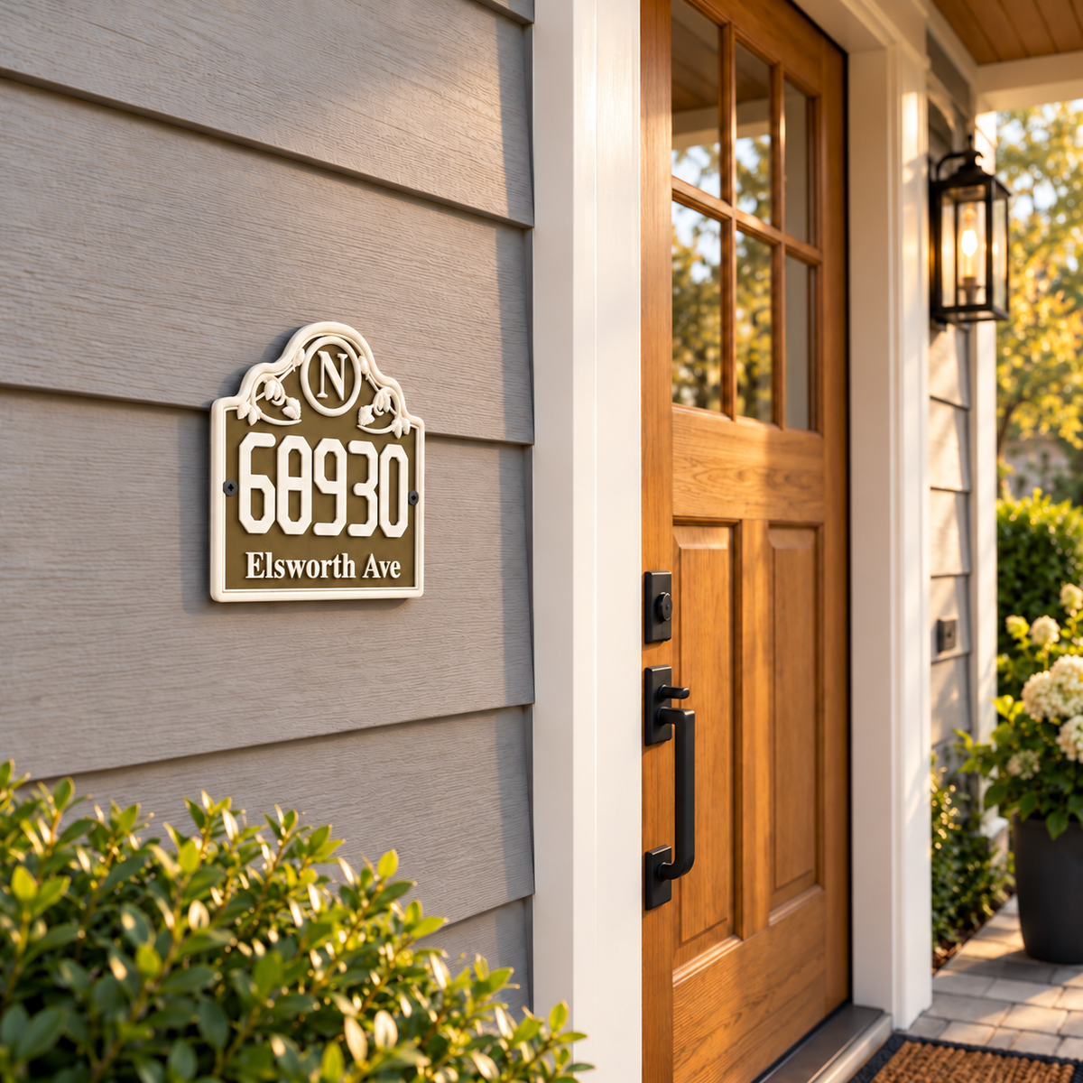 HSornate-brw brown and white ornate address sign on gray house siding